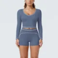 Contrast color long sleeve crop top and shorts yoga set for fitness and running workout. - S / Top And Bottom / Dark Blue