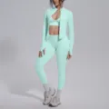 Nahtloses mintgrünes Sportset, Langarm-Reißverschlussjacke, Sport-BH und High-Waist-Leggings. - S / Set / Mintgrün