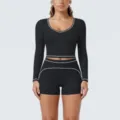 Black long sleeve crop top and shorts yoga set with white piping for fitness and running. - S / Top And Bottom / Premium Black