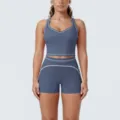 Women athletic yoga set two-piece workout running fitness racerback sports bra shorts. - S / Top And Bottom / Dark Blue