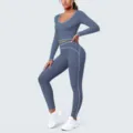 Detail view of women long sleeve cropped yoga top and high waist leggings activewear workout set - S / Top And Bottom / Indigo