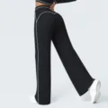 Gedetailleerd uitzicht op hoge taille contrast biezen wijde yogabroek voor dames fitness. - S / Bottoms / Premium Zwart