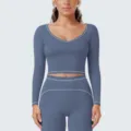Nahtloses Langarm-Crop-Top Yoga-Set mit Kontrastpaspelierung für Fitness, Gym und Sporttraining. - S / Oberteile / Indigoblau