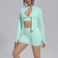 Mint green seamless 3-piece activewear set, high stretch yoga fitness crop top jacket and shorts. - S / Set / Mint Green