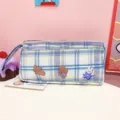 Niedliches Karo-Federmäppchen mehrschichtig große Kapazität Leinwand Schreibwaren Etui - Hellblaues Karo