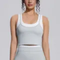 Ensemble soutien-gorge de sport côtelé et débardeur blanc pour course, fitness et yoga. - S / Haut (7154) / Bleu Brume