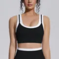 Soutien-gorge de sport faux deux pièces côtelé couleur contraste fitness yoga haut - S / Hauts / Noir Premium