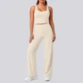 Beige gerippte Yoga Sportbekleidung mit Racerback Top und Schlaghose für Fitness. - S / Oberteil und Unterteil / Helles Elfenbein