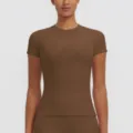 Brown slim fit short sleeve fitness t shirt activewear yoga top for women product details - S / Tops / Chestnut Brown