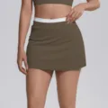 Jupe de tennis athlétique à taille haute avec ceinture côtelée blanche skort de yoga sport - S / Bas / Café Thé Brûlé
