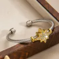 Stainless steel wire cable cuff bracelet with sparkling zircon star design for unisex wear - Two-tone (Gold & Silver)