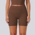 Pantalones cortos de yoga de cintura alta elásticos transpirables mujer fitness deporte - S / Castaño