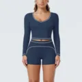 Dark blue long sleeve cropped yoga top and matching shorts activewear set for fitness workout. - S / Top And Bottom / Badge Blue