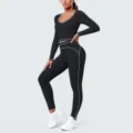 Women's black long sleeve crop top yoga set with stylish contrast piping activewear fitness outfit - S / Top And Bottom / Premium Black