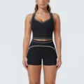 Black contrast piping athletic yoga set detail, showing stylish crop top and shorts activewear. - S / Top And Bottom / Premium Black
