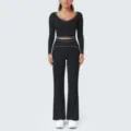 Schwarzes langarm Crop Top Schlag Yoga Hosen Set mit weissen Paspeln fuer Damen Fitness Sport. - S / Oberteil und Unterteil / Premium Schwarz