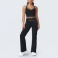 Dames sport tweedelig yoga set zwart contrast piping crop top uitlopende broek fitness - S / Boven- En Onderstuk / Premium Zwart