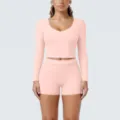 Pink long sleeve crop top shorts yoga set fitness activewear workout two piece outfit - S / Top And Bottom / Peach Pink