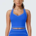 Blauwe contrast sportbeha en leggings detail, ademende fitness yogaset voor dames. - S / Tops / Vulpen Blauw