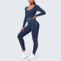 Women's long sleeve crop top yoga set with contrast piping activewear fitness workout outfit - S / Top And Bottom / Emblem Blue