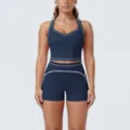 Contrast piping yoga set detail view, athletic ribbed workout crop top and shorts activewear. - S / Top And Bottom / Badge Blue