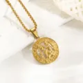 Goldfarbene Edelstahl Sternzeichen Halskette mit rundem Anhänger, minimalistischer Retro Stil. - Wassermann