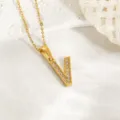 Goldene V Buchstabe Anhänger Halskette Edelstahl Strass Schlüsselbein Kette für Damen - Buchstabe V