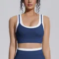 Femme faux deux pièces soutien-gorge de sport côtelé bloc de couleur yoga fitness top - S / Hauts / Bleu Badge
