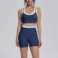 Colorblocked nude double-sided nylon backless yoga set, sports running fitness two-piece suit. - S / Top And Bottom / Badge Blue