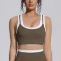Soutien-gorge de sport faux deux pièces pour femmes, design côtelé contrasté pour fitness. - S / Hauts / Café Thé Brûlé