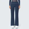 Dark blue high waist flare yoga pants detail, contrast white trim athletic trousers fitness. - S / Bottoms / Badge Blue
