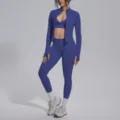 Nahtloses 3-teiliges Sportoutfit mit Jacke, Sport-BH und Leggings für Fitness und Yoga. - S / Set / Marineblau