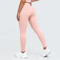 Women high waist pink yoga pants active fitness leggings detail view with contrast white piping - S / Bottoms / Peach Pink