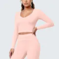 Roze contrasterende bies lange mouw sport crop top en legging fitness yoga set - S / Tops / Perzikroze