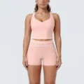 Women contrast piping yoga set fitness workout crop top and high waist shorts activewear - S / Top And Bottom / Peach Pink