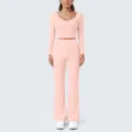 Rosa Kontrastbesatz langärmliges Crop-Top und ausgestellte Yoga-Hose Sportswear-Set. - S / Oberteil und Unterteil / Pfirsichrosa