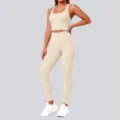 Ribbed seamless yoga set two piece activewear fitness workout crop top and high waist leggings - Light Ivory
