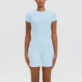 Ensemble de yoga respirant pour femme haut à manches courtes et short de course ajusté - S / Haut et Bas / Bleu Magique