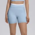 Short de yoga taille haute avec ceinture côtelée contrastée pour sport fitness femme course. - S / Bas / Bleu Brume
