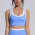 Soutien-gorge de sport faux deux pièces femme côtelé contraste yoga crop top fitness course - S / Hauts / Bleu ciel