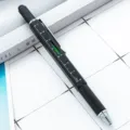 Multi-function 6-in-1 tool pen with bubble level, ruler, touch screen stylus and screwdriver. - Black