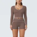 Brown long sleeve crop top shorts yoga set fitness activewear matching workout outfit. - Deep Chocolate Brown