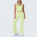 Ensemble de yoga à ligne contrastée haut court pantalon évasé fitness pour femmes - Vert Citron
