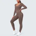 Women brown long sleeve crop top high waist yoga leggings set athletic workout fitness sportswear - Dark Chocolate Brown