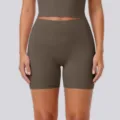 High waist athletic yoga shorts in dark brown, offering stretchy comfort for workouts. - S / Khaki Brown