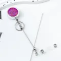 Pink Glitter Badge Reel Retractable ID Card Holder with Beaded Chain and Plastic Strap - Deep purple