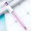 UV electroplated 4-color ballpoint pen with pink metallic barrel and multi-color click top. - Electroplated Pink
