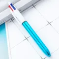 Retractable 4-color ballpoint pen with metallic blue barrel and multi-color push buttons. - Plated Blue