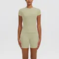 Haut de yoga respirant à manches courtes et short de fitness taille haute pour sport. - S / Haut et Bas / Kaki