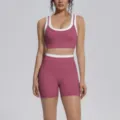 Detailed view of two-piece sports yoga set featuring contrast trim bra and high waist shorts. - Violet